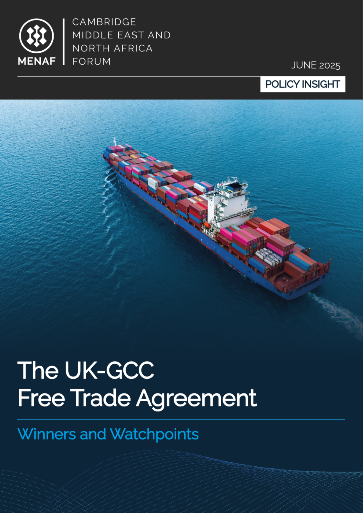 Cover of MENAF Policy Insight document titled "The UK-GCC Free Trade Agreement: Winners and Watchpoints"