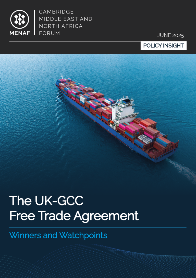 Cover of MENAF Policy Insight document titled "The UK-GCC Free Trade Agreement: Winners and Watchpoints"
