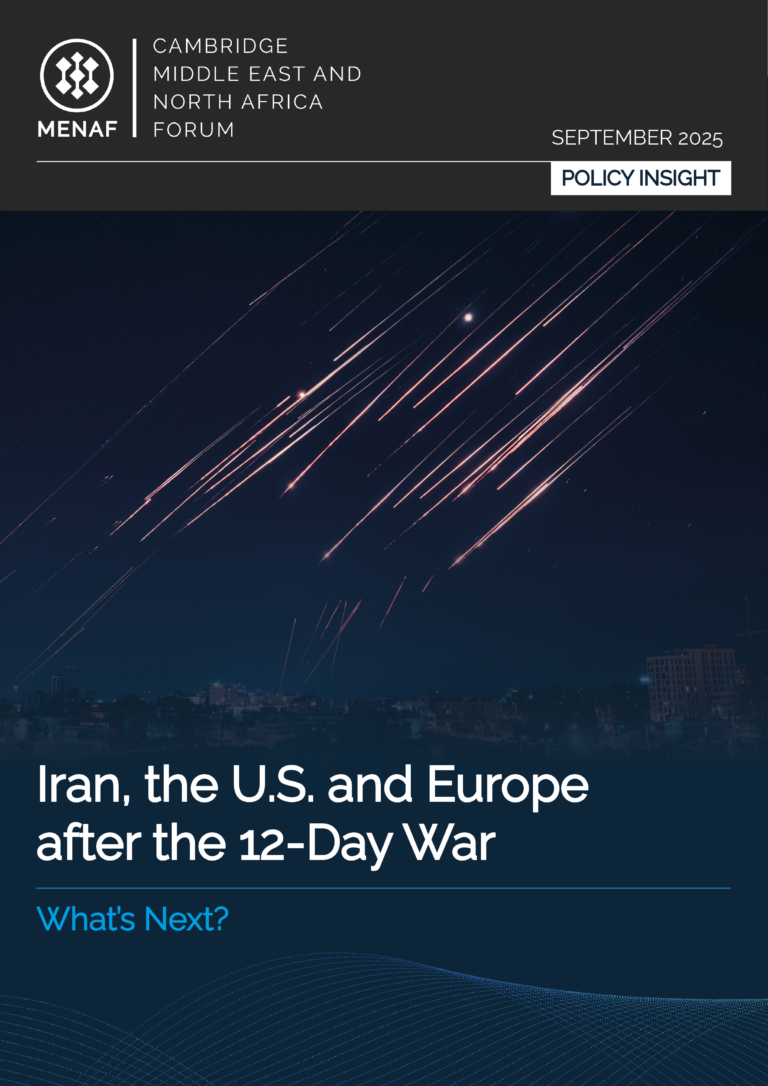Cover image of MENAF Policy Insight - 'Iran, the U.S. and Europe after the 12-Day War'. Image displaying a night sky illuminated by rocket barrage.